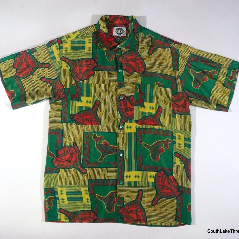 VTG 90s Silks Button Down Slik Shirt Sz Mens Medium Yellow Red Green Aztec Style